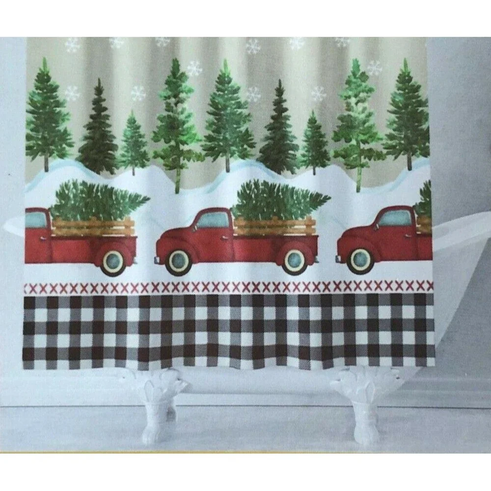 Avanti Christmas Red Farm Truck Fabric Shower Curtain Holiday Buffalo Check